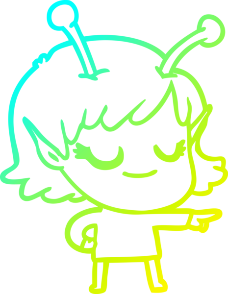 Bir insan tarafından çizilmiş gülümseyen uzaylı kız çizgi filmi.