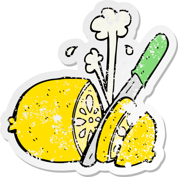 Bir insan tarafından çizilmiş limon dilimlenmiş karikatür çıkartması.