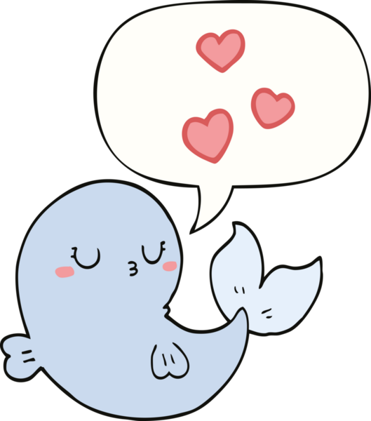 Bir insan tarafından çizilmiş konuşma baloncuğuna aşık şirin bir çizgi film balinası.