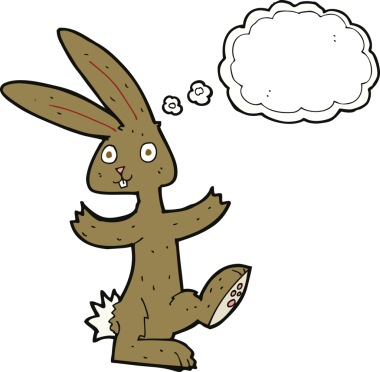 Bir insan tarafından çizilmiş düşünce kabarcığı olan çizgi film tavşanı.