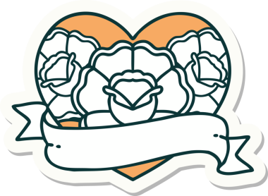 Geleneksel kalp stili dövme çıkartması ve bir insan tarafından çizilmiş çiçekli pankart.