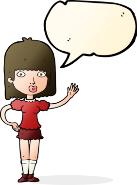 Bir insan tarafından çizilmiş bir konuşma balonuyla el sallayan çizgi film kadını.