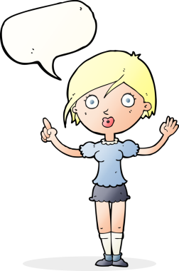 Bir insan tarafından çizilmiş konuşma balonuyla soru soran karikatür kızı.