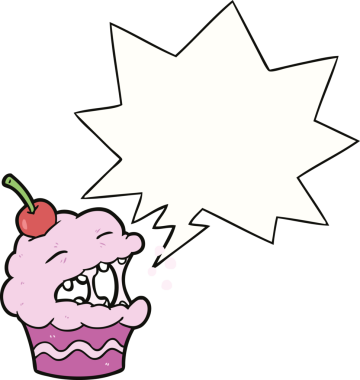 Bir insan tarafından çizilmiş konuşma balonlu komik bir kek.