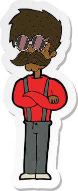 Bir insan tarafından çizilmiş bıyıklı ve gözlüklü hippi bir adamın çıkartması.