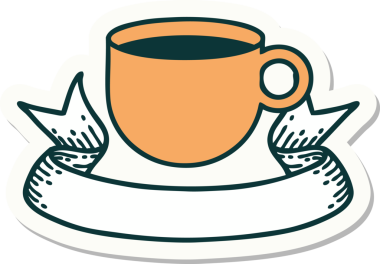 Bir insan tarafından çizilmiş bir fincan kahve sancağıyla dövme stili çıkartması.