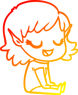 Bir insan tarafından çizilmiş yerde oturan mutlu bir elf kızının sıcak çizgi çizimi.