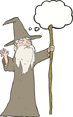 Bir insan tarafından çizilmiş düşünce baloncuğu olan yaşlı bir sihirbaz.