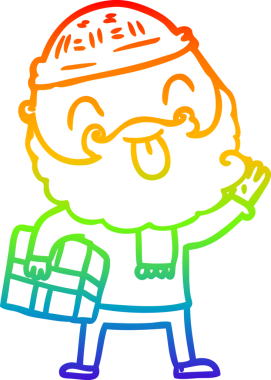 Gökkuşağı gradyan çizgisi sakallı bir adamın bir insan tarafından çizilmiş Noel hediyesini taşıdığını gösteriyor.