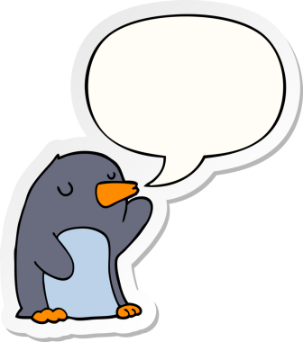 Bir insan tarafından çizilmiş konuşma balonu çıkartmalı penguen çizgi filmi.