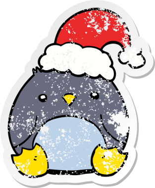 Bir insan tarafından çizilmiş Noel şapkası giyen sevimli bir penguenin sıkıntılı çıkartması.