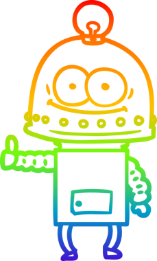 Gökkuşağı gradyan çizgisi mutlu bir karton robot çizimi ve bir insan tarafından çizilmiş ampul.