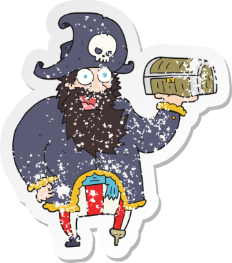 Bir insan tarafından çizilmiş hazine sandığı olan karikatür korsan kaptanı...