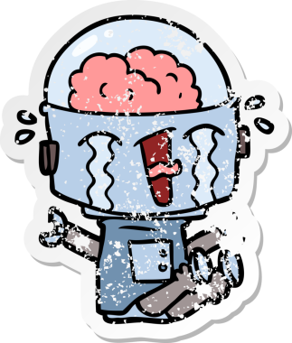 Bir insan tarafından çizilmiş, karikatür ağlayan robot çıkartması.