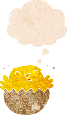 Düşünce baloncuğu ve grunge ile karikatür yumurtadan civciv bir insan tarafından çizilmiş sıkıntılı retro dokuma