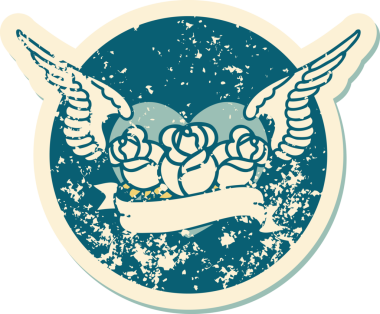 Bir insan tarafından çizilmiş çiçek ve pankartıyla uçan bir kalbin sembolik dövmeli resmi.