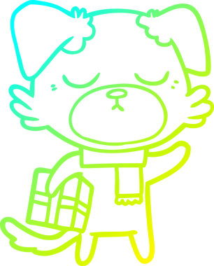 Bir insan tarafından çizilmiş noel hediyeli şirin bir köpeğin soğuk gradyan çizimi.