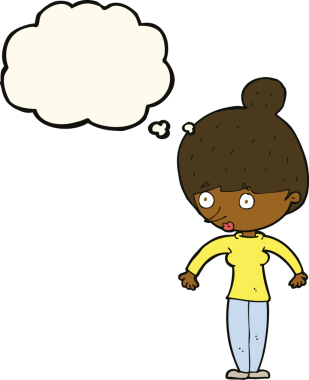 Bir insan tarafından çizilmiş düşünce balonuyla bakan çizgi film kadını.