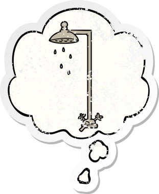 Düşünce baloncuklu çizgi film duşu bir insan tarafından çizilmiş yıpranmış bir çıkartma gibi.