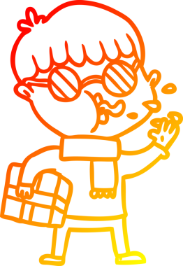 Bir insan tarafından çizilmiş, gözlüklü ve noel hediyeli çizgi film karakteri.