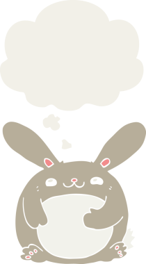 Düşünce baloncuklu çizgi film tavşanı insan tarafından çizilmiş.