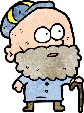 Bir insan tarafından çizilmiş bastonlu ve düz şapkalı yaşlı bir çizgi film adamı.