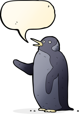 Bir insan tarafından çizilmiş konuşma baloncuğuyla sallanan penguen çizgi filmi.