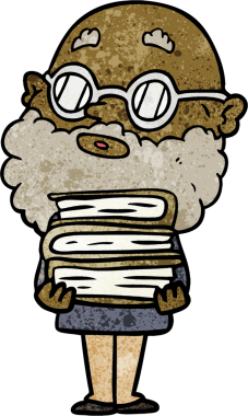 Bir insan tarafından çizilmiş sakallı ve gözlüklü meraklı bir adam.