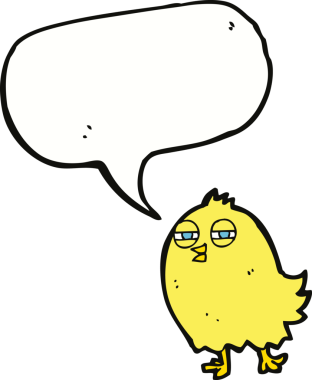 Bir insan tarafından çizilmiş konuşma baloncuklu komik çizgi film kuşu.