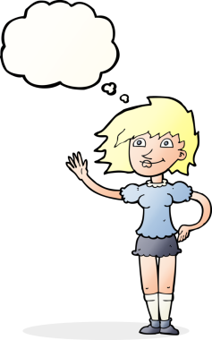 Bir insan tarafından çizilmiş düşünce baloncuğuyla el sallayan çizgi film kadını.