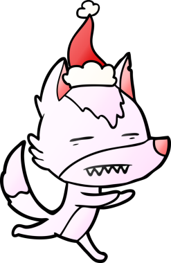 Bir insan tarafından çizilmiş Noel Baba şapkası giymiş bir kurdun el çizimi karikatürü.