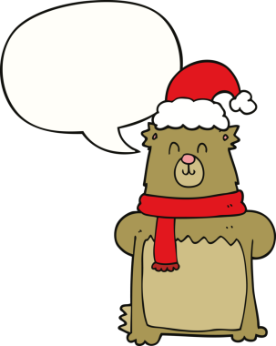 Bir insan tarafından çizilmiş balonlu Noel şapkası takan çizgi film ayısı.