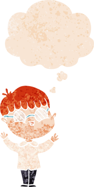 Düşünce baloncuklu gözlük takan çizgi filmci çocuk bir insan tarafından çizilmiş dertli retro tarzı.