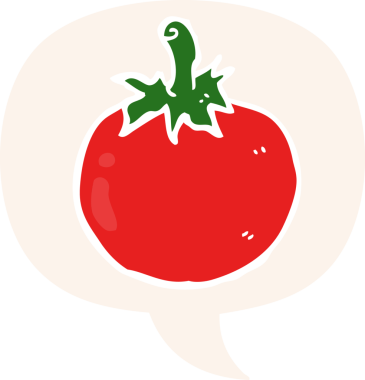 bir insan tarafından çizilmiş, konuşma baloncuklu çizgi film domatesi