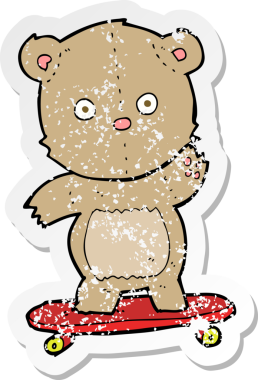 Bir insan tarafından çizilmiş kaykaylı oyuncak ayının gerilemiş retro yapıştırması.