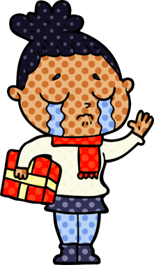 Bir insan tarafından çizilmiş Noel hediyesi ile ağlayan kadın çizgi filmi.