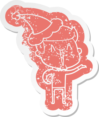 Bir insan tarafından çizilmiş Noel Baba şapkası giyen heyecanlı bir adamın garip bir karikatürü.