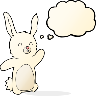 Bir insan tarafından çizilmiş düşünce balonlu mutlu tavşan çizgi filmi.