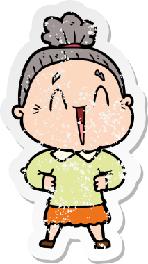 Bir insan tarafından çizilmiş mutlu, yaşlı bir kadının sıkıntılı çıkartması.