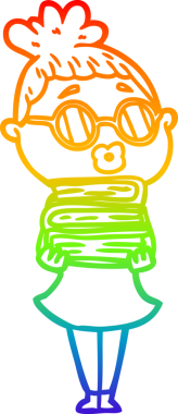 Gökkuşağı gradyan çizgi çizimi bir insan tarafından çizilmiş gözlük takan bir kütüphaneci kadın.