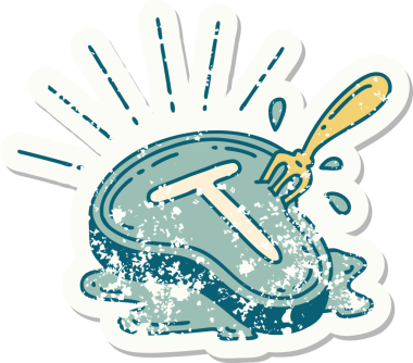 Bir insan tarafından çizilmiş eski bir dövme stili biftek ve çatal.