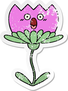 Bir insan tarafından çizilmiş şirin bir karikatür çiçeğinin sıkıntılı çıkartması.