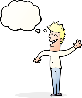 Bir insan tarafından çizilmiş düşünce baloncuğuyla el sallayan mutlu bir adam.