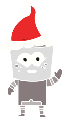 Bir insan tarafından çizilmiş Noel Baba şapkasıyla selamlaşan bir robotun düz renk çizimi.