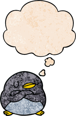 Bir insan tarafından çizilmiş grunge desenli düşünce baloncuklu penguen çizgi filmi.