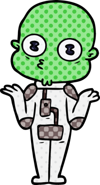 Bir insan tarafından çizilmiş kafası karışık, kel bir uzaylı.