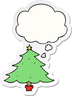 Düşünce baloncuğu insan tarafından çizilmiş bir çıkartma olan karikatür Noel ağacı.