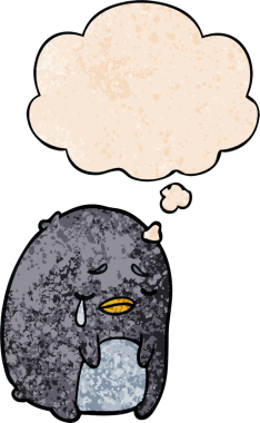 çizgi film ağlayan penguen insan tarafından çizilmiş grunge desenli düşünce baloncuğu ile