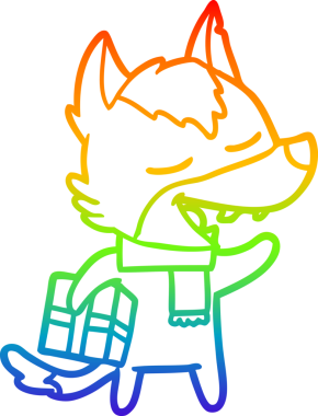 Gökkuşağı gradyan çizgi çizimi bir insan tarafından çizilmiş bir karikatür kurdu ve noel hediyesi.