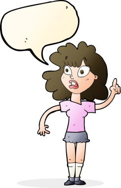 Bir insan tarafından çizilen konuşma baloncuğuyla nokta koyan çizgi film kadını.